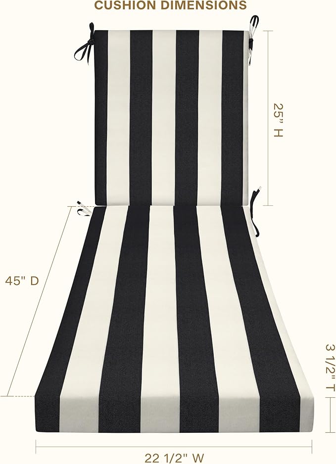 Honeycomb Outdoor Heritage Chaise, 22.5" W x 70" L, Cabana Stripe Black and Ivory Chair Cushion for Patio Furniture