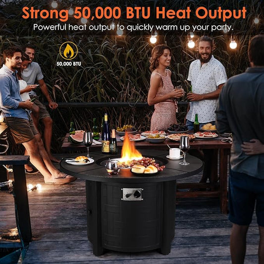 TLGREEN Propane Fire Pit Table 42in, 50,000 BTU Auto-Ignition Round Gas Fire Pits for Outside Patio, Fire Table with Waterproof Cover, Blue Stone and Lid