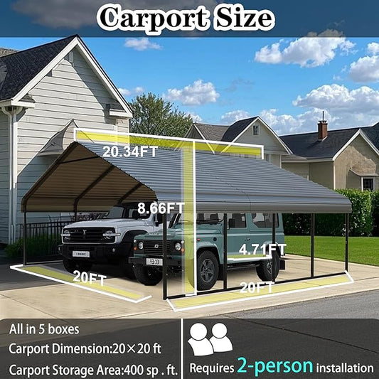 20x20 ft Metal Carport for Outdoor Garages Steel Heavy Duty Portable Garage with Large Tall Carports Canopy for Snow, Car Ports with Galvanized Steel Roof & Frame - Grey