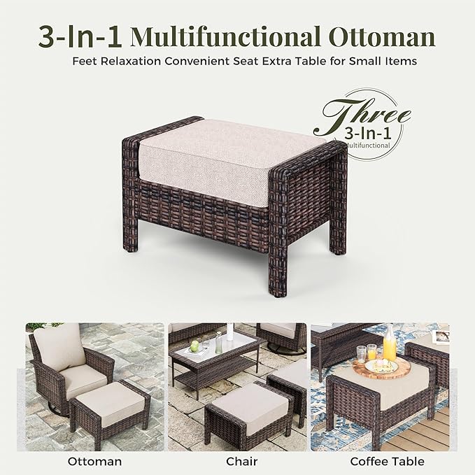 6-Piece Wicker Patio Furniture Set with Swivel Chairs, High Back Outdoor Furniture with 57'' Fire Pit Table and Ottoman, All-Weather Wicker Patio Conversation Set for Deck Yard Pool, Beige