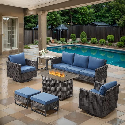 7 Piece Wicker Patio Furniture with Fire Pit Table - Outdoor Conversation Set with 50,000 BTU Fire Pit, All Weather Rattan Patio Set for Deck Backyard Garden - Brown Wicker Blue Cushion