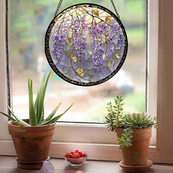 AMDERVEN Stained Glass Window Hanging - Wisteria Flower Golden Leaves Sun Catcher for Door Home Decor Plant Suncatcher Christmas Mother's Day Birthday Gifts for Women Men Lovers Mom Nana 15 in