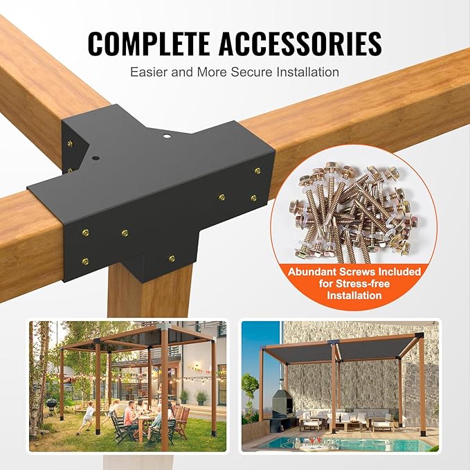 VEVOR Pergola Bracket Kit 4''x4''(Inner Size 3.6x3.6), 2pcs 4-Way Heavy Duty Corner Bracket Woodworks DIY Post Base Kit, Easy Installation Wooden Beams for Gazebos, Patio Pergolas, Log Cabin
