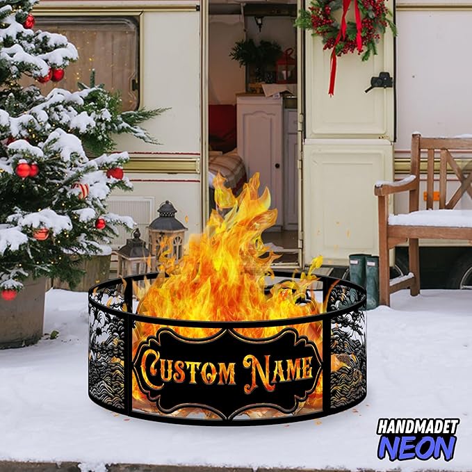Personalized Fire Pit Ring 360 Degree, Outdoor Fireplace, Custom Text Fire Pits for Outside, Patio Firepit, Camping Bonfire Firepits, Garden BBQ Backyard Decor (Fishing Boat)