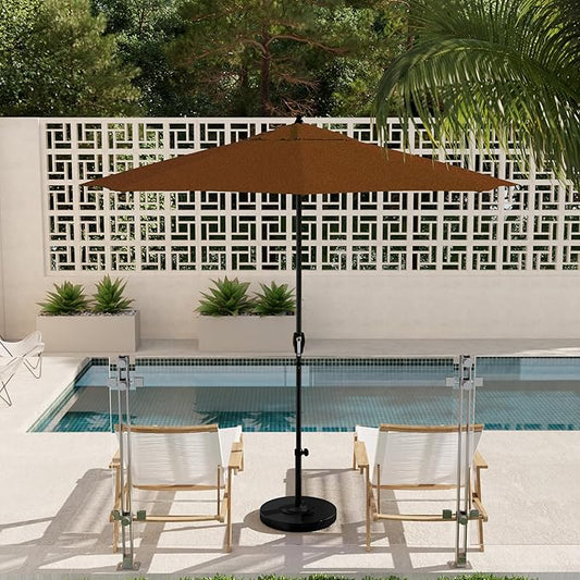 California Umbrella 9' Rd Aluminum Patio Umbrella, Crank Lift, Auto Tilt, Black Finish, Sunbrella Teak