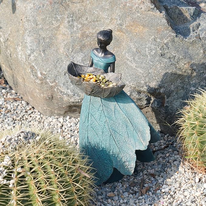 DiliComing Fairy Garden Statue Bird Feeder - 12 Inch Fairy Statue for Home Decoration, Resin Outdoor Statues for Garden Decoration, Best Bird Feeder Garden Gift for Women (Green)