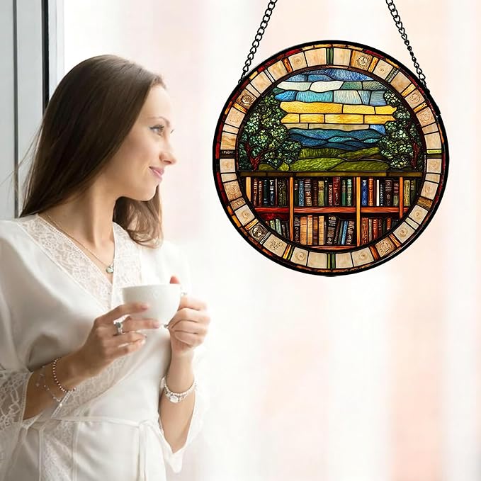 QZQCBLC Stained Glass Window Hanging Retro Books Scenery Large 11.8" - Abstract Suncatcher Door Garden Sun Catcher Home Decor Birthday Christmas for Mom Men Woman Nana Friend Wife