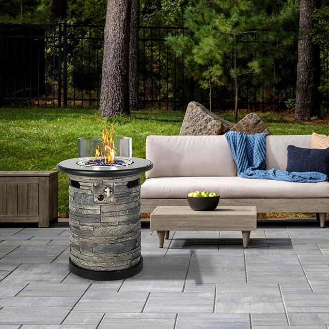 Outdoor Propane Fire Pit Table, Round Porcelain Tile Top 22" Fire Bowl Column W/ 40,000 BTU Firepit Table Auto-Ignition 400D Cover Glass Rocks for Outside Patio