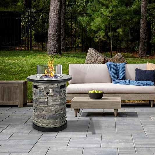Outdoor Propane Fire Pit Table, Round Porcelain Tile Top 22" Fire Bowl Column W/ 40,000 BTU Firepit Table Auto-Ignition 400D Cover Glass Rocks for Outside Patio