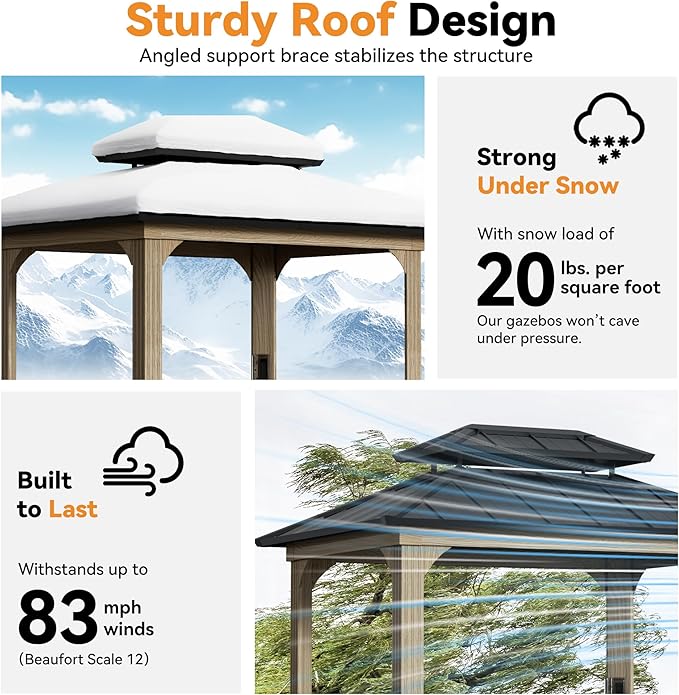 Modern Shade Grill Gazebo 6' X 8', Aluminum BBQ Gazebos with Shelves and Ceiling Hook, Grill Canopy Hardtop with Galvanized Steel Roof, Outdoor Grill Gazebo with Extra-Wide Column Design, Wood Grain