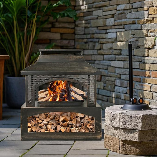 Outdoor Fire Pit Wood Burning Fireplace, Large Log Burner Firepit with Log Grate and Poker, Metal Firepit for Patio Garden Backyard Outside, 37 x 32 x 18 inch