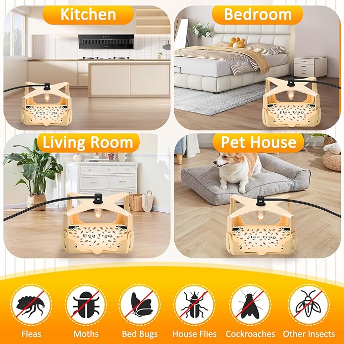 Flea Trap for Inside Your Home - 6 Bulbs & 8 Sticky Glue Boards for Bed Bug Control, Flying Insects Killer, Trap Pest Control for Bugs Gnats Moths Indoor and Outdoor（Off-White）