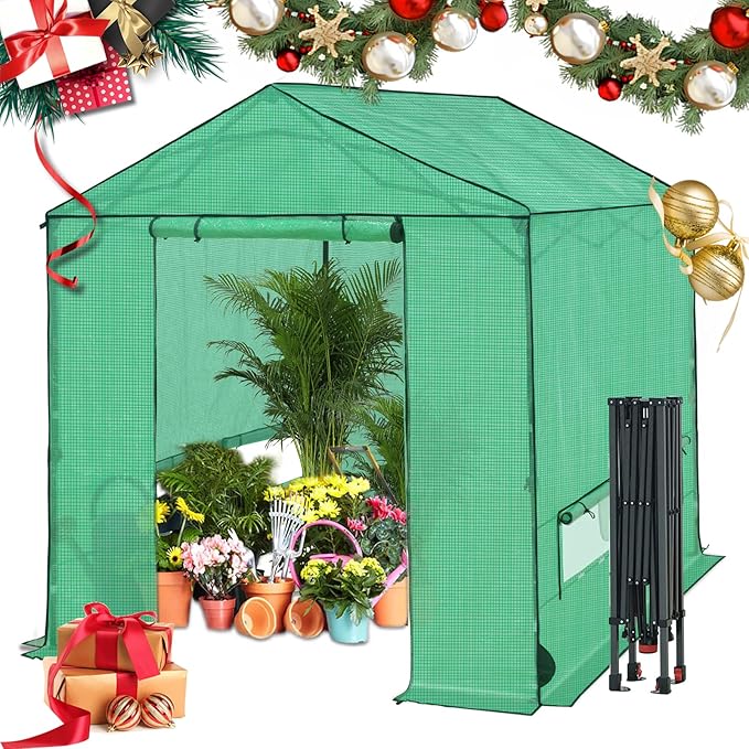 8x8 Pop Up Walk-in Greenhouse, Indoor & Outdoor PE Cover Green House with Power Access Ports, Roll-up Zippered Doors and Windows, Green