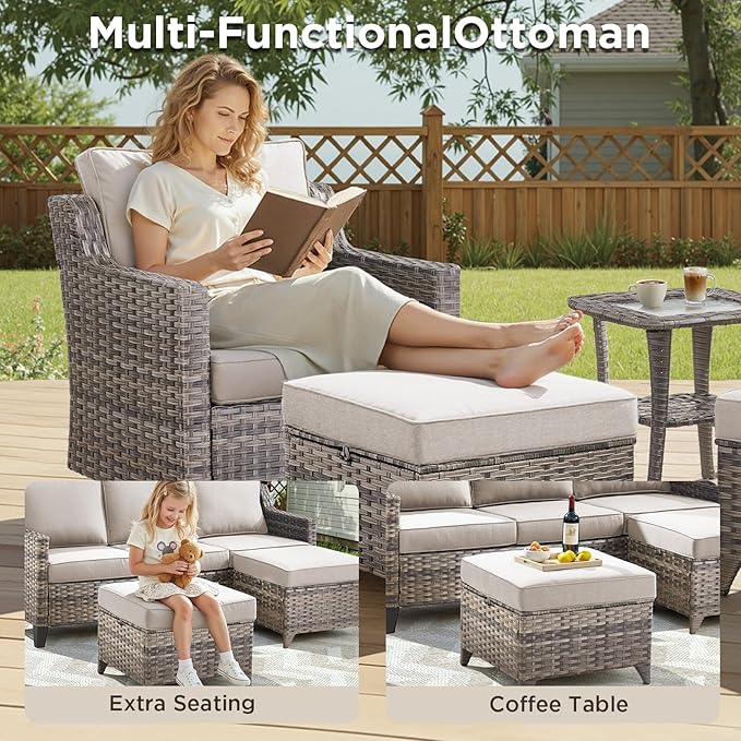 12 Piece Patio Furniture Set-High Back Outdoor Furniture Set Sectional Sofa with Wicker Swivel Patio Chairs,Comfy Cushions Ottomans for Porch Balcony Patio Deck Grey/Beige