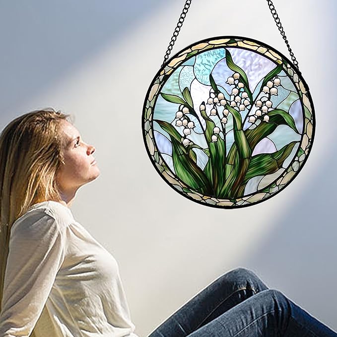 AMDERVEN Stained Glass Window Hanging, White Green Lily of The Walley Flowers Sun Catcher for Door Home Decor Plants Suncatcher Christmas Mother's Day Birthday Gifts for Women Men Mom Nana 15 in
