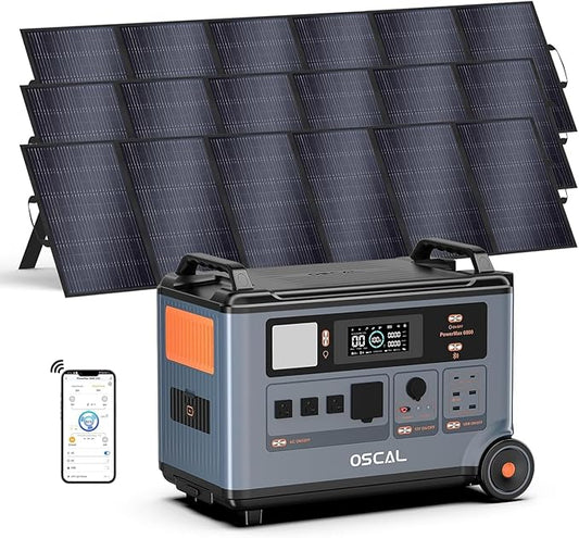 OSCAL PowerMax 6000 Solar Generator with 3x500W Solar Panel, 6000W Power Station with 4 AC Outlets (9000W Peak), 1H Full Charging, APP Control Emergency Power Station for Home, RVs