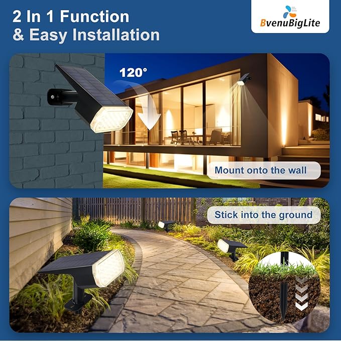 BvenuBigLite Waterproof Solar Lights Outdoor: IP65 Led Spot Light Decorations for Garden - 3 Lighting Modes Solar Powered for Yard - Dust to Dawn Uplighting Landscape Pathway Drive Patios 6PC Warm