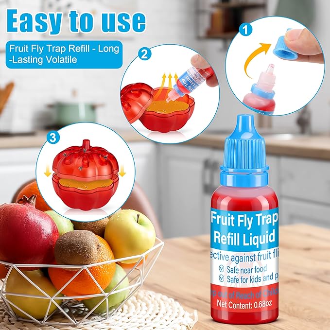 Fruit Fly Trap Refills Liquid Only, 12 Pack Fruit Fly Traps for Indoors, Refill Liquid for Gnats Fruit Fly and Mosquito Traps, Fruit Bait Home, Kitchen, Safe Near Pets and Food