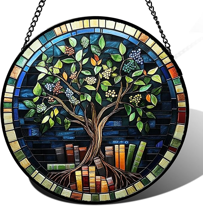 QZQCBLC Stained Glass Window Hanging Green Life Tree Berry Book 9.8" - Blue Suncatcher Door Garden Sun Catcher Home Decor Birthday Christmas for Mom Men Woman Nana Friend