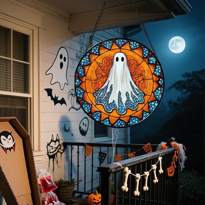 CRISGIF Stained Glass Window Hanging - Halloween Decorations White Ghost Suncatcher for Doors Garden Indoor Spooky Funny Blue Sun Catchers Gothic Decor Horror Gifts for Women Men Friend 9.8 in