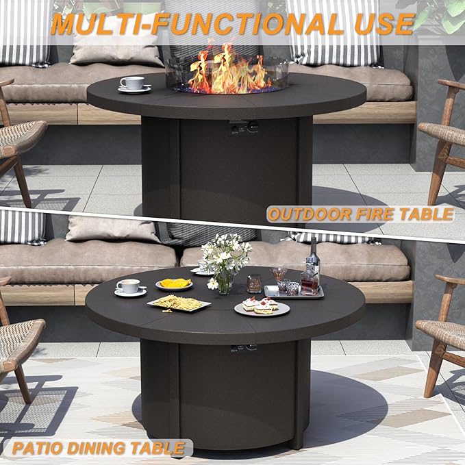 Kurapika 5 Piece Metal Outdoor Patio Furniture Set with Round Fire Pit Table, Patio Conversation Sets 4 Swivel Chairs with Thick Cushion and 40000 BTU Fire Pit Table, Navy Blue