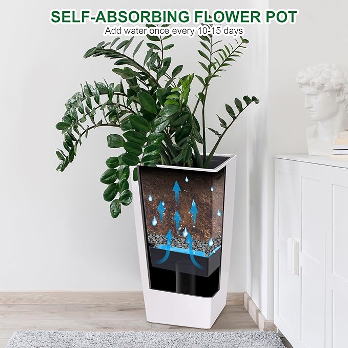 CABIHOME 30 Inch Tall Outdoor Planters Set of 2, High Front Porch Planter Pots with Drainage Holes, Water Level Monitor and Wheels, for Porch or Patio, White