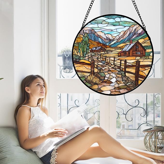 QZQCBLC Stained Glass Window Hanging Mountain Ranch Rural Life 9.8" - Cactus Suncatcher Door Terrace Garden Sun Catcher Home Decor Birthday Christmas for Mom Men Woman Friend