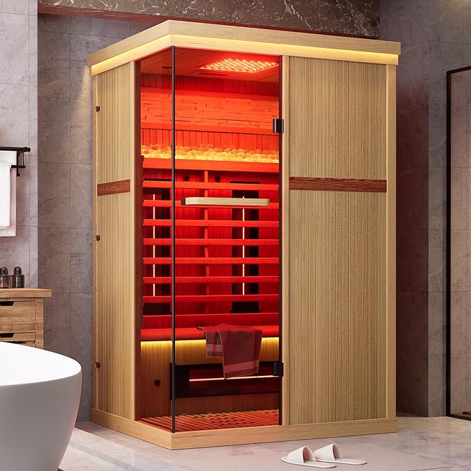 MEISSALIVVE Full Spectrum Sauna for Home, 2 Person Indoor Infrared Sauna Room with 10 Minutes Warm-up Heate, Canadian Hemlock Wood Home Infrared Sauna with Bluetooth and Tempered Glass