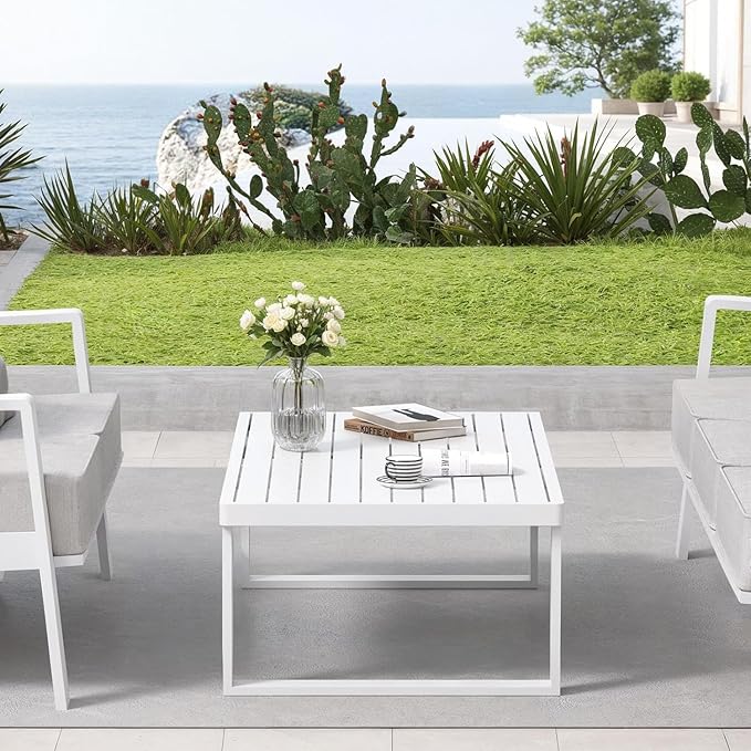 Aluminum Outdoor Patio Coffee Table for for Deck, and Poolside (White, All-Aluminum)