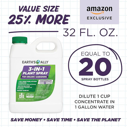 Earth's Ally 3-in-1 Plant Spray 32 Oz Concentrate for Pests and Disease - Organic Insecticide, Fungicide, Miticide - OMRI Listed for Indoor Houseplants and Outdoor Garden - Safe for Bees, Kids, Pets
