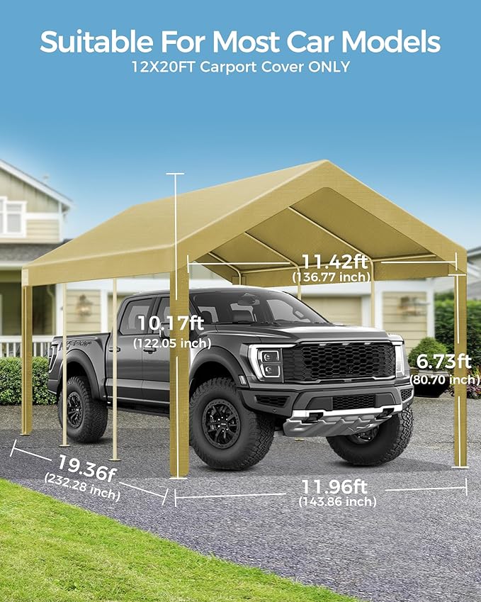Heavy Duty Carport Replacement Canopy Cover, Durable Waterproof Garage Shelter Top, Car Tent for Outdoor Use, with Ball Bungees for Secure (Beige 12x20FT Cover ONLY)