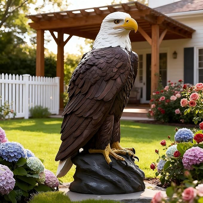 JEESGQT H:24.4 inch Bald Eagle Statue Outdoor, Large Realistic Eagle Sculpture for Garden Decor, Hand-Painted Resin Lawn Eagle Statue, Majestic Yard Art and Patio Decoration