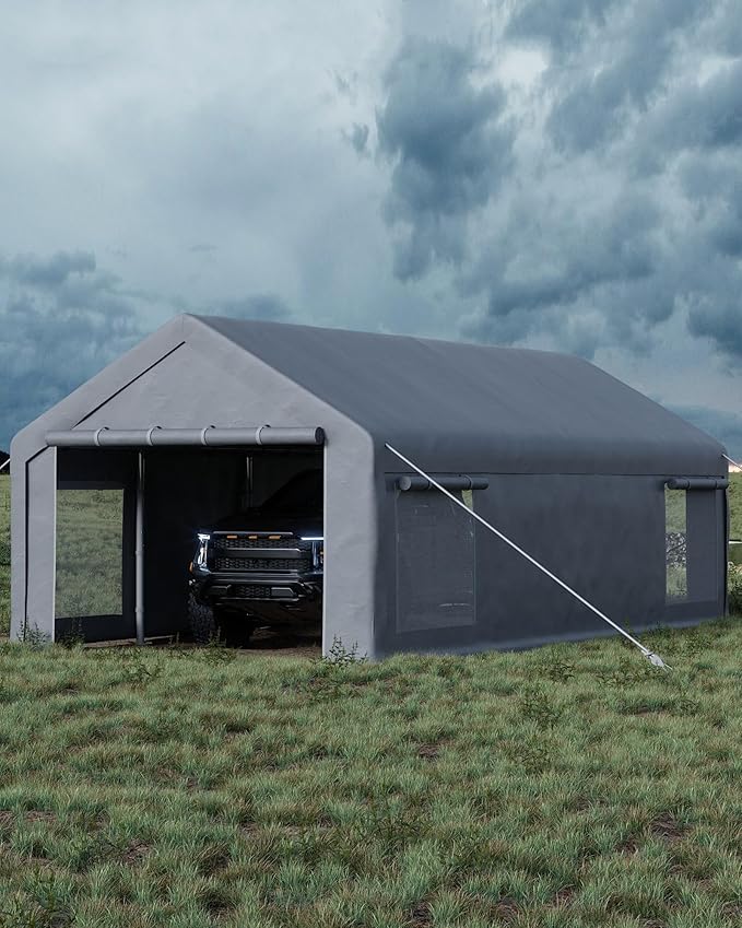 13x25 FT Carport,Heavy-Duty Carport with 4 Roll-Up Windows & Doors, Portable Garage 200g PE Tarp, Waterproof & UV Protected Outdoor Shelter for Car, Boat, Truck, Motorcycle