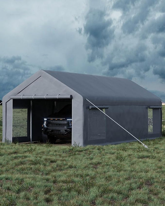 13x25 FT Carport,Heavy-Duty Carport with 4 Roll-Up Windows & Doors, Portable Garage 200g PE Tarp, Waterproof & UV Protected Outdoor Shelter for Car, Boat, Truck, Motorcycle