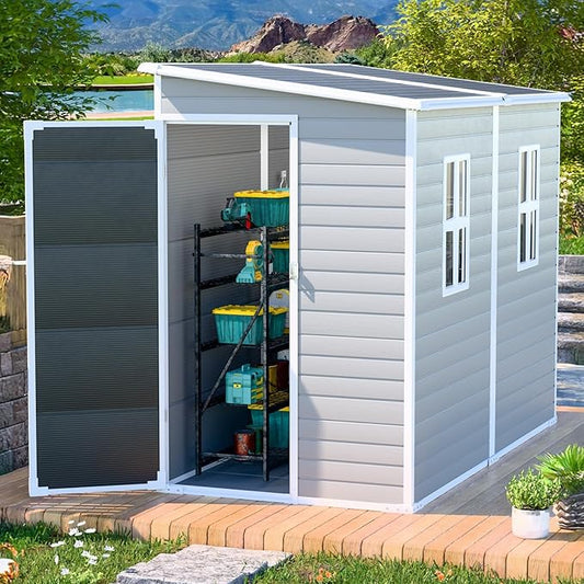 4x8 FT Plastic Storage Sheds Outdoor with Floor and Window, Lean to Resin Shed Easy to Install, Compact Sheds & Outdoor Storage/Tool Shed for Backyard Patio Lawn, Gray