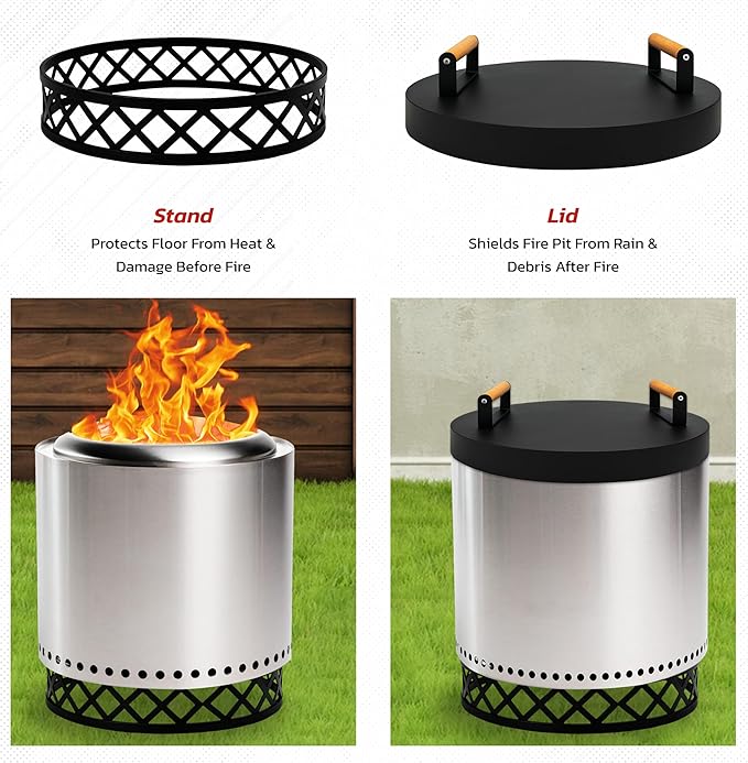 FEBTECH - Smokeless Fire Pit Accessories Combo - Heavy Duty Carbon Steel 15" Firepit Base Ring,15.5" Lid with 2 Wooden Handles - Fireplace Tools Kit for Camping, Patio, Bonfire Use