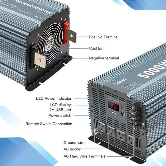 5000 watt Pure sine Wave car Power Inverter 12v to 110v /120V Inverter for car Vehicles Truck Camping Solar Panel Power Converter Adapter with Clamps Inverter 5000W