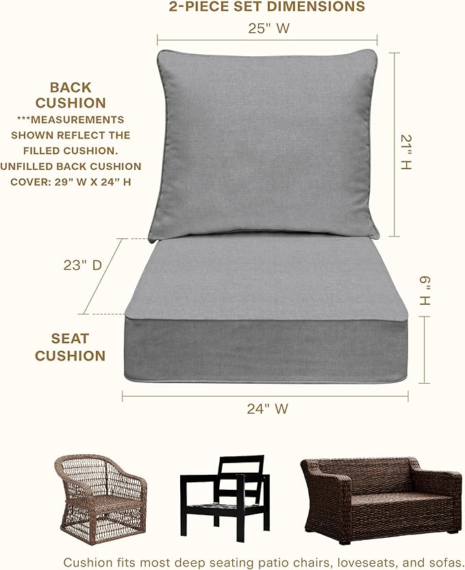 Honeycomb Outdoor Heritage Deep Seat, 24 x 23, Textured Solid Platinum Grey Chair Cushion for Patio Furniture