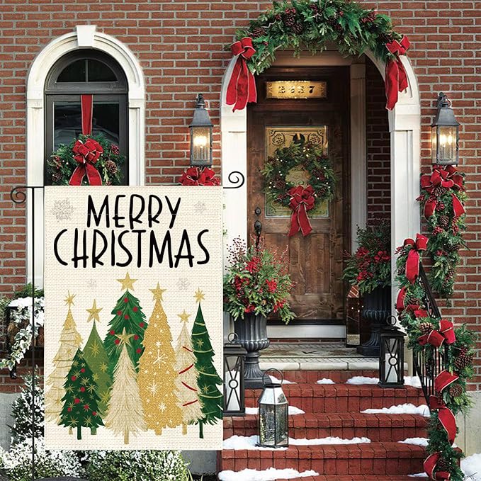 AVOIN colorlife Merry Christmas Garden Flag 12x18 Inch Double Sided Outside, Christmas Trees Winter Holiday Yard Outdoor Flag