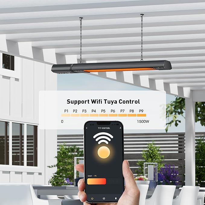 Ceiling Electric Outdoor Heater Wall-Mounted Hanging Patio 1500W Infrared 9 Heat Levels, 24H Timers, Carbon Fiber Tube Heating Wall Heater for Gazebo, Balcony (Rose Gold Quartz Glass)