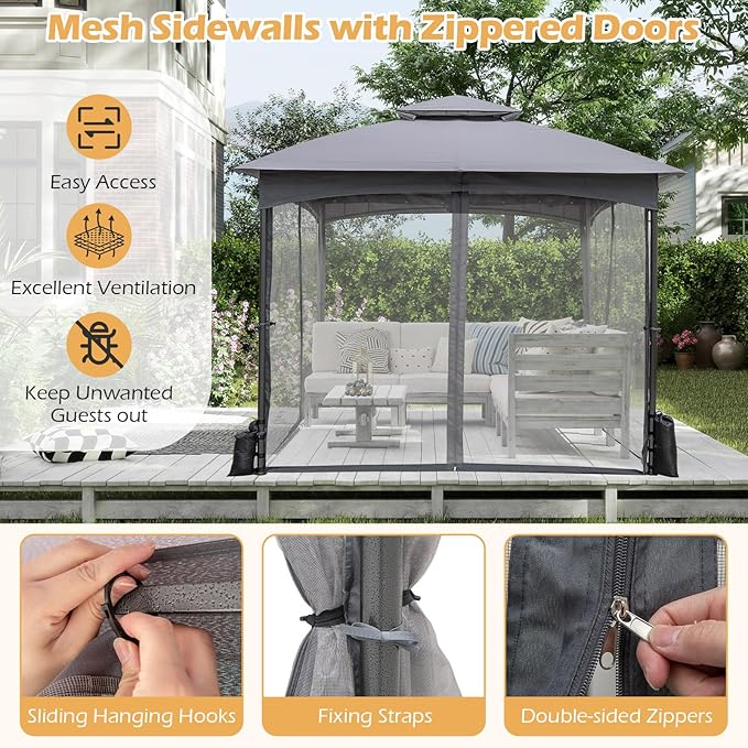 Tangkula 10x10 FT Outdoor Gazebo with Netting, Double Roof Patio Shelter with 4 Sandbags, Zippered Doors, Heavy-Duty Metal Frame, Metal Patio Gazebo for Yard Garden Lawn (Grey)