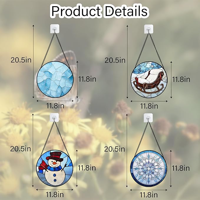 AMDERVEN Stained Glass Window Hanging 4 Pcs Set Blue White Christmas Snowman Snowflake Large 11.8" - Suncatcher Door Garden Sun Catcher Decor Birthday Mother's Day Xmas Gifts for Mom Woman Nana Men