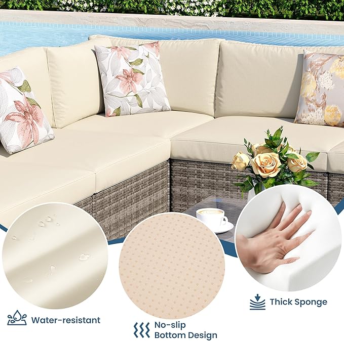 8 Pieces Outdoor Patio Furniture Set with 43" Fire Pit Table, Wicker Outdoor Patio Sectional Sofas with Cushions and Coffee Table, All-Weather Patio Conversation Set for Garden Backyard, Beige