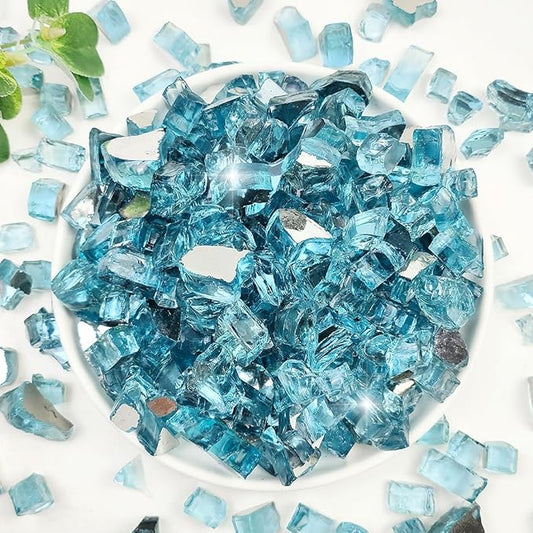 Fire Glass for Propane Fire Pit, 1/2 Inch High Reflective Fireplace Glass Rocks for Fire Pit Table, 20 lbs Fire Pit Glass Rocks for Outdoor Fire Table and Landscaping, Aqua Blue