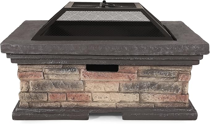 29 Inch Fire Pits for Outside Wood Burning, MGO Square Firepits for Outside, Wood Burning Fire Pit for Camping, Garden, Backyard, Bonfire Party, Stone Gray