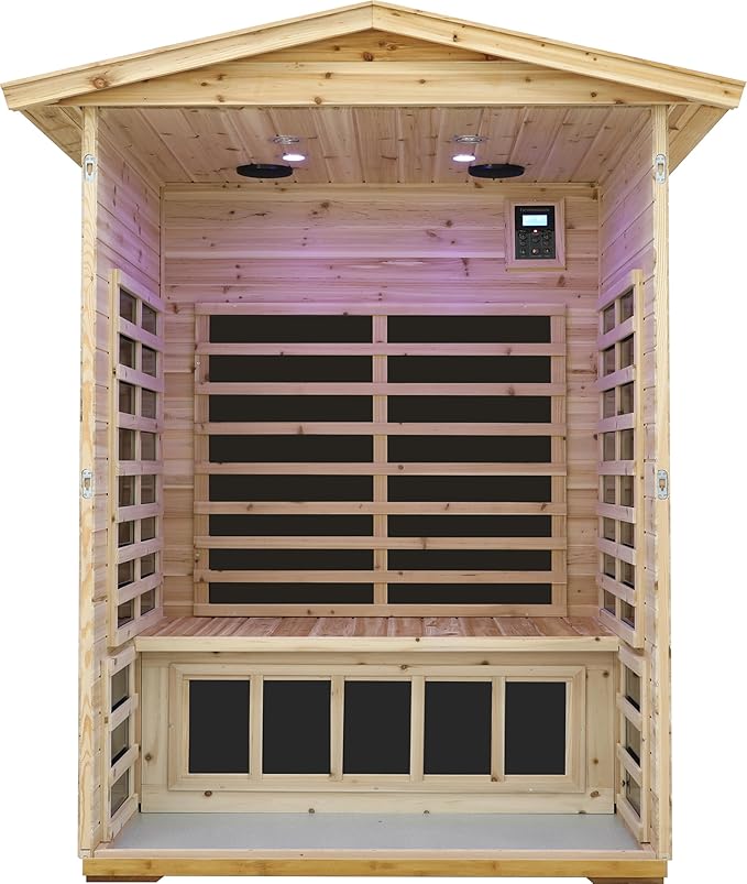 LTCCDSS Low EMF Outdoor Far Infrared Sauna 2-Person, Hemlock Wood Sauna for Home, Withstand Outdoor Temp -5℉-104℉, Bluetooth Speakers, LED Reading Lamps, Chromotherapy Light