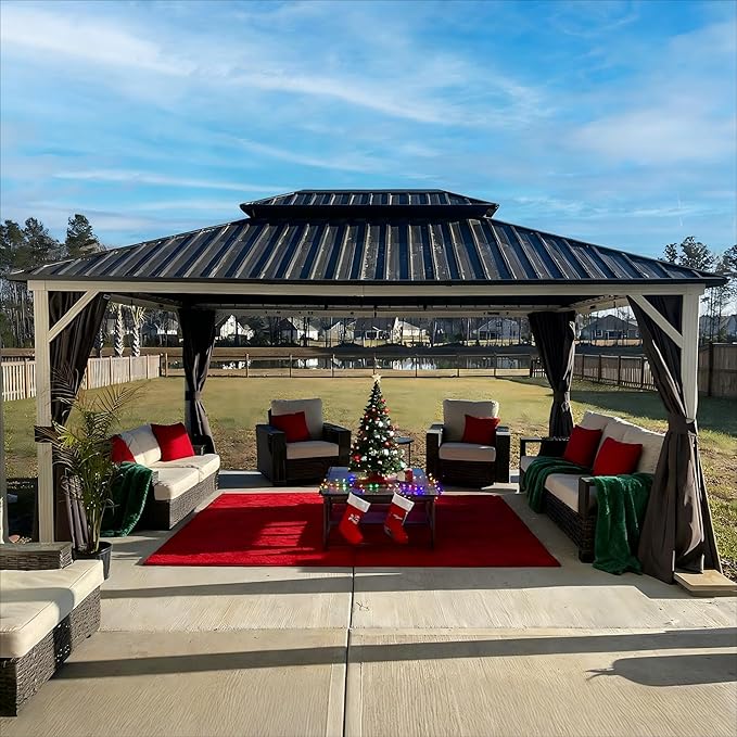 PURPLE LEAF 12' X 16' Hardtop Gazebo Metal Double Roof White Aluminum Frame Outdoor Heavy Duty Gazebo with Curtain and Netting for Patio Garden and Backyard, Grey