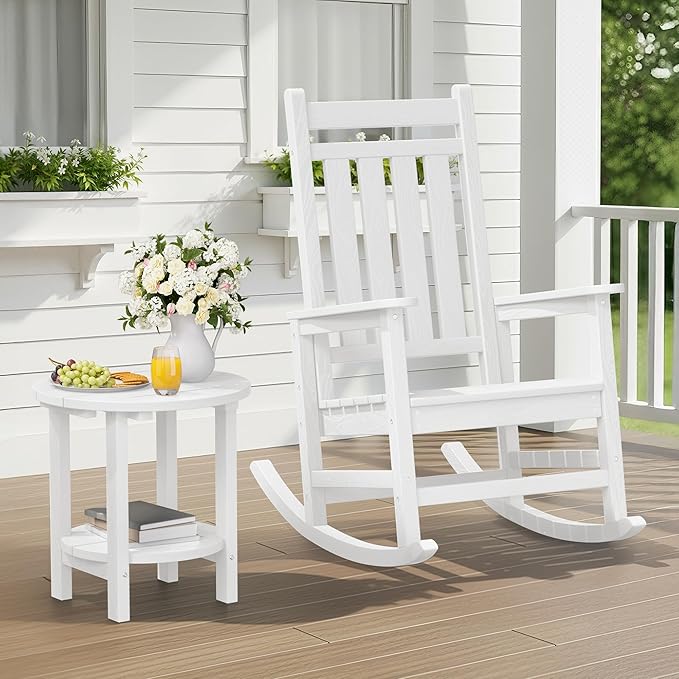 SERWALL Round Outdoor Side Table Set of 4, HDPE Small Adirondack Double End Table, White