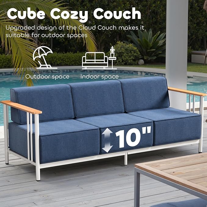 Luxury Patio Furniture Set with 10" Extra Thick Cushions, 8 PCS Outdoor Furniture Set with Patio Chairs & Couch & Coffee Table, Suitable for Porch, Balcony, Deck, Yard, Poolside, White/Blue