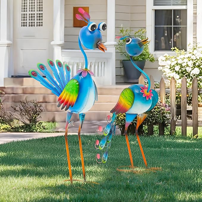 Ultym 22.5" Metal Peacock Yard Decor - Handmade Large Peacock Garden Statue Sculptures with Stable Ground Stakes, Backyard Decoration, Metal Garden Art